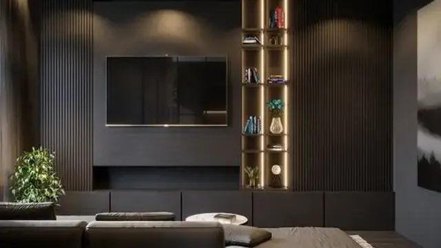 Modern smart TV in a dark living room